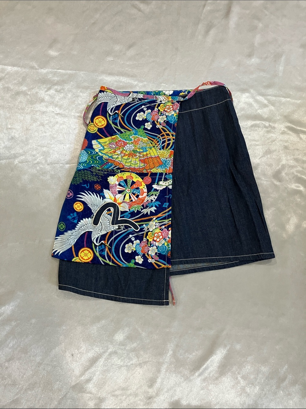 Evisu Navy Denim Asymmetrical Wrap Skirt with Colorful Crane Print